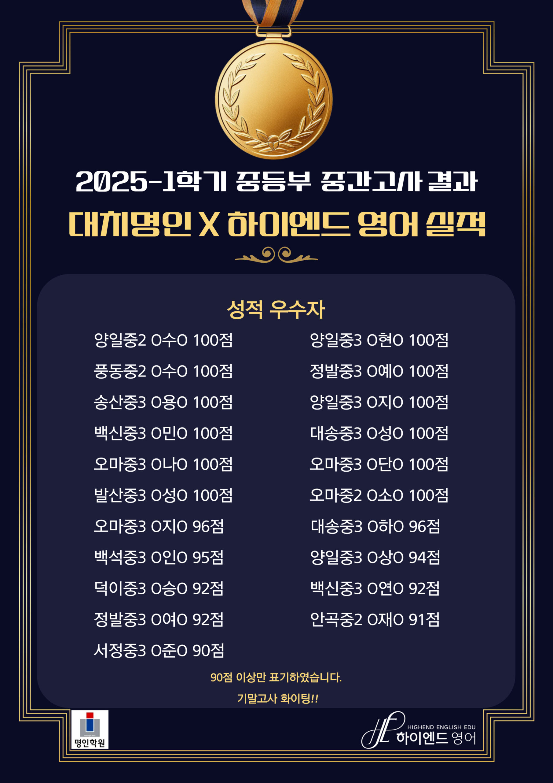 2025-1학기 중간고사 하이엔드 영어 중등부 결과